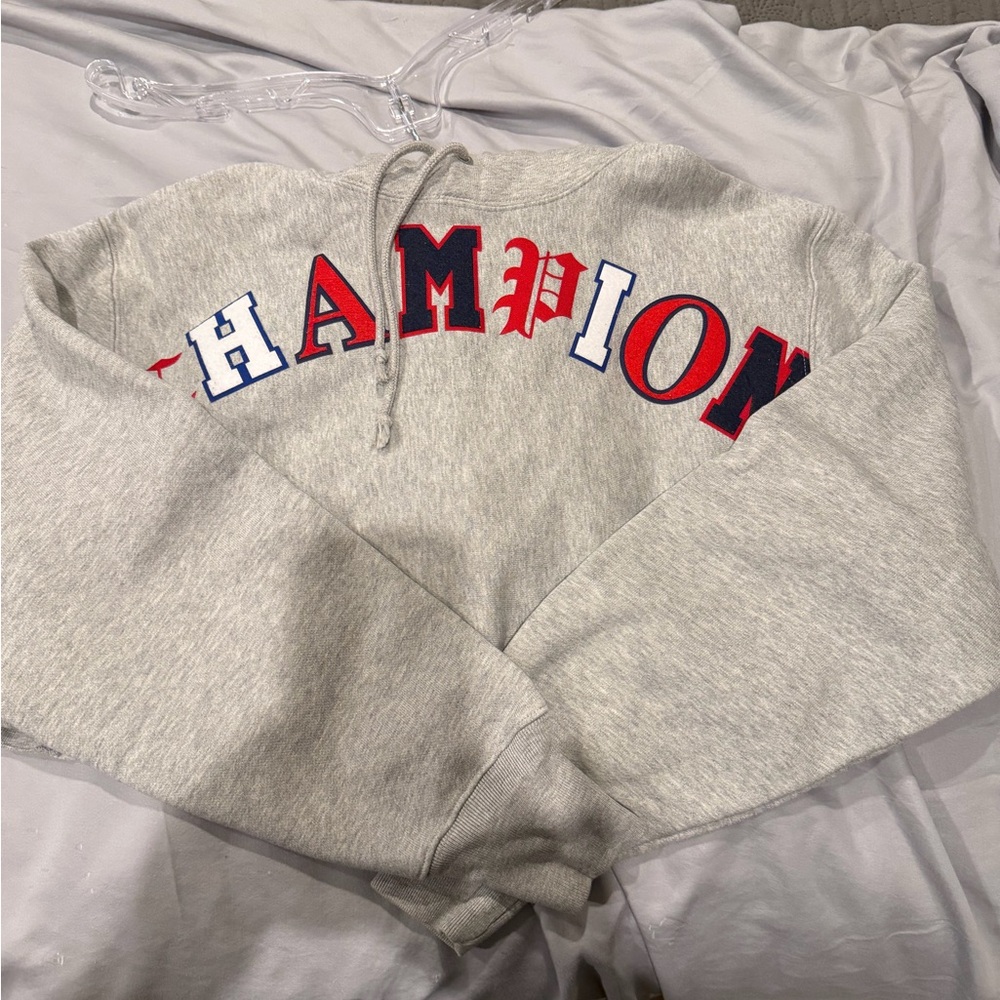 Champion Gray Hoodie with Red and Blue Logo